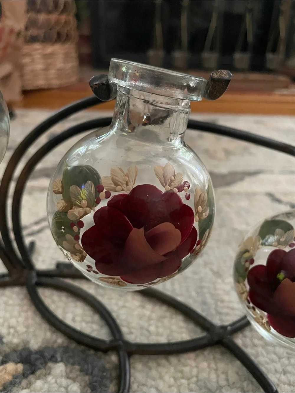 Hand-Painted Floral Glass Vases with Metal Stand - Red Bud Vase Cottage Core